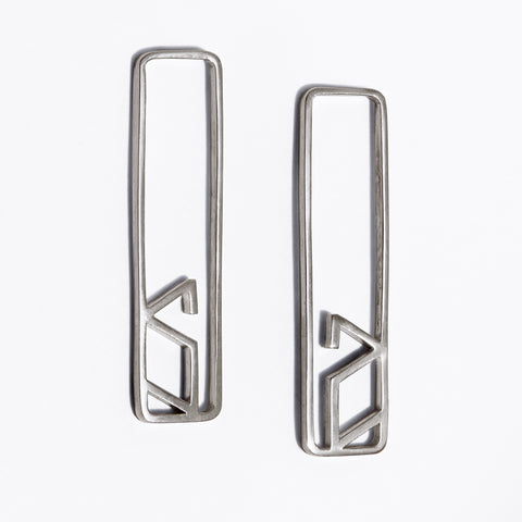 Alphabet Stud Earrings - Personalized letter jewelry designs with a long slender rectangle and a geometric letter S at the bottom.