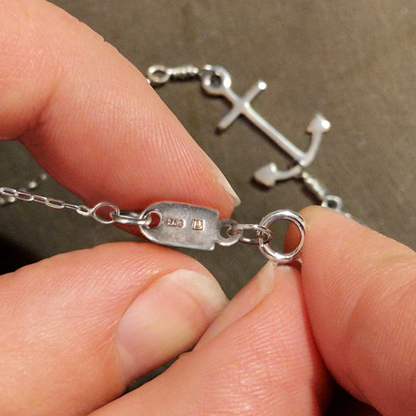 Silver Anchor Pendant's clasp shows Tinker Company maker's mark and 925 stamp and is easy to use.
