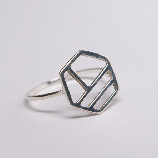 Silver ring in the shape of a hexagon with three lines as the pattern in the center