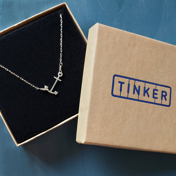 Silver Anchor Pendant in a Tinker Company gift box, centered option shown.