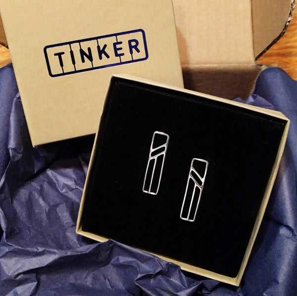 Silver Flying Buttress Earrings, Abstract Architectural Jewelry in a Tinker Company gift box.