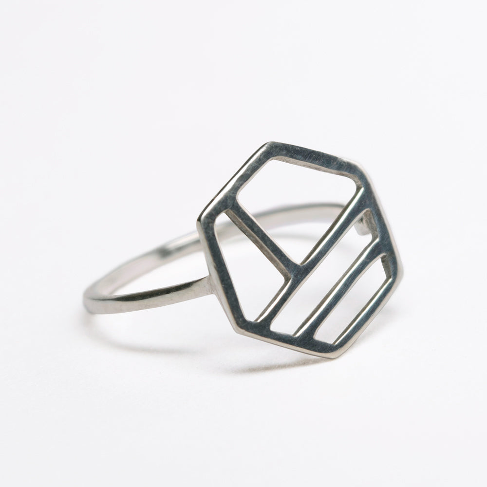 Silver Hexagonal Ring with Three Lines, Minimalist Geometric Jewelry with Stripes. Comfortable design great for everyday wear.
