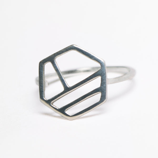 Silver Hexagon Ring with Three Lines, Minimalist Geometric Jewelry with Stripes by Tinker Company