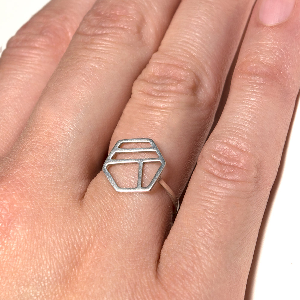 Silver Hexagon Ring with Three – Company Tinker | Lines Minimalist Geometric Jewelry
