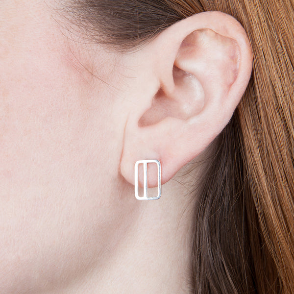 Vertical Rectangle with Stripe Earring Shown on Model's Ear