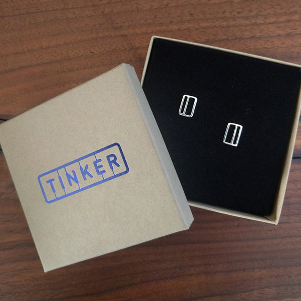Vertical Transit Ticket Card Earrings in a Tinker Company Box. Made in NYC.